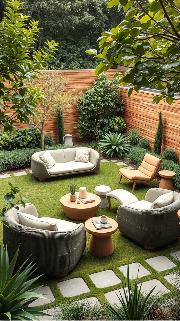 A modern garden seating area featuring a circular sofa, armchair, and wooden tables surrounded by greenery.