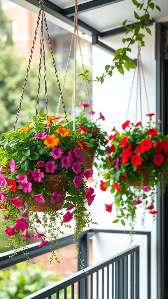 Colorful hanging flower planters with pink, red, and orange blooms.