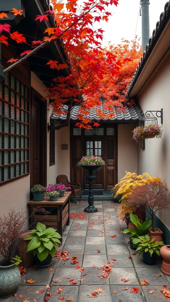 A small courtyard with autumn leaves and potted plants, showcasing seasonal decor.