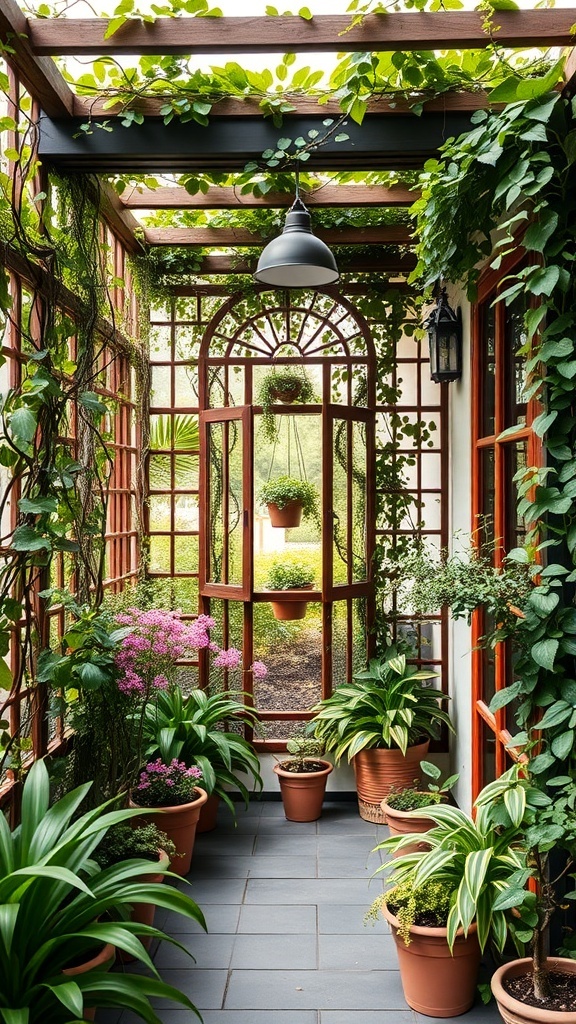 A cozy balcony garden with lush greenery and colorful flowers, featuring a wooden trellis and hanging planters.