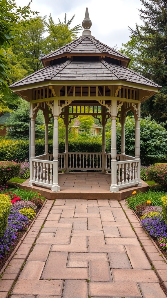 A beautiful gazebo surrounded by colorful flowers and greenery in a garden.