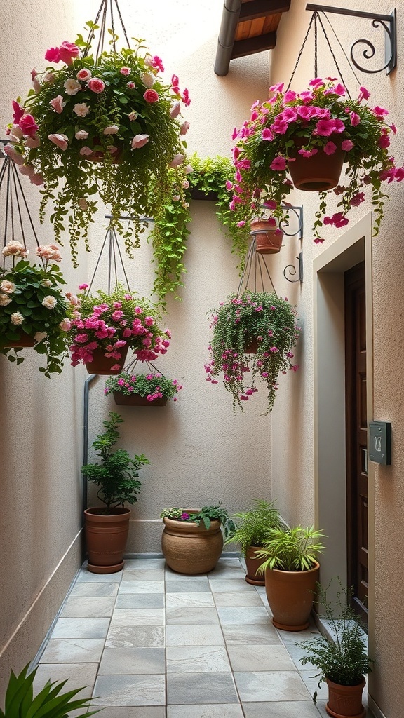 A small courtyard with hanging planters filled with colorful flowers.