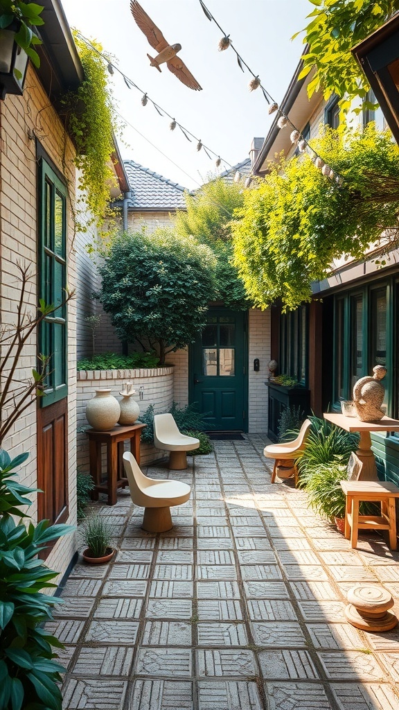 A small courtyard with plants, seating, and decorative elements.