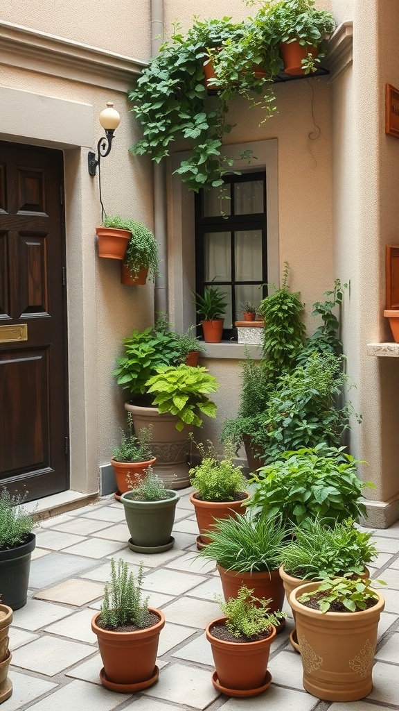 A small courtyard with various potted herbs and plants.