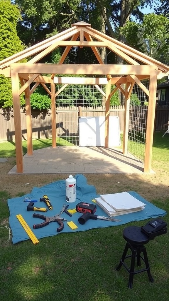 A partially constructed DIY gazebo with tools and materials laid out in a backyard.