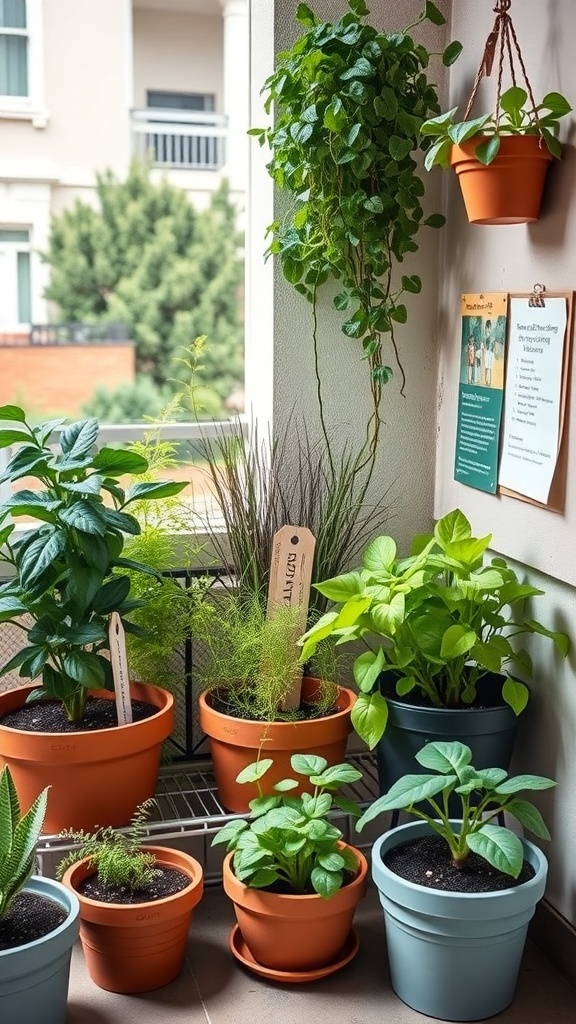 A small balcony garden with various potted plants, showcasing greenery and a cozy atmosphere.
