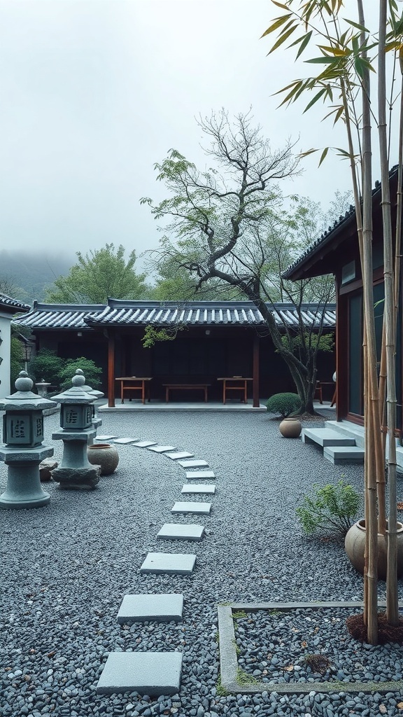 A Zen-inspired outdoor garden featuring stepping stones, gravel, and traditional lanterns.