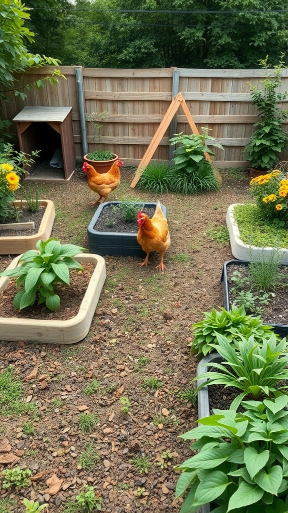 Chickens roaming in a garden with raised beds and sunflowers