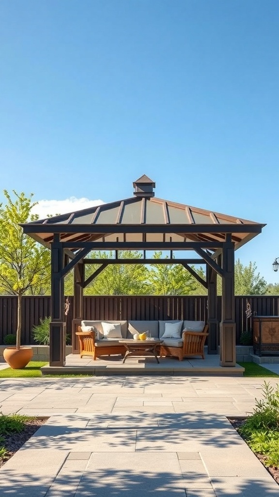 A stylish gazebo with a retractable roof, featuring comfortable seating and surrounded by greenery.