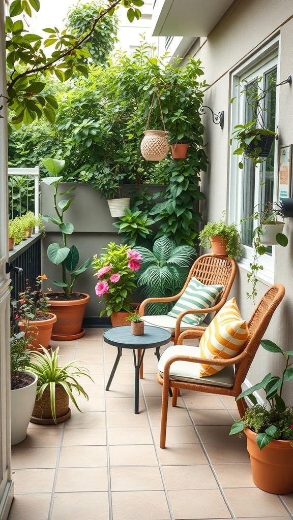 Cozy balcony garden with wicker chairs, a small table, and various potted plants.
