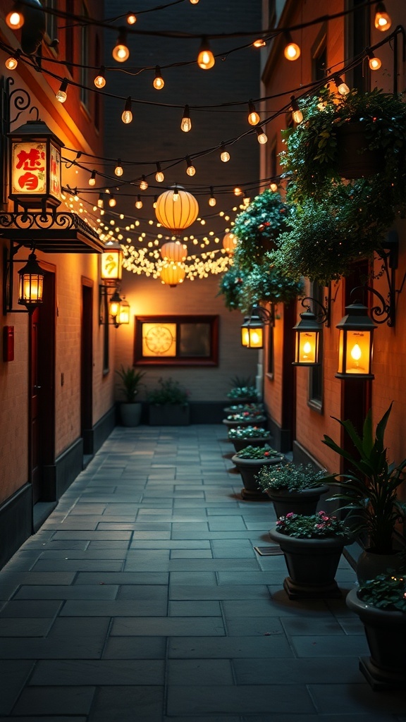 A small courtyard with string lights, lanterns, and potted plants creating a warm atmosphere.