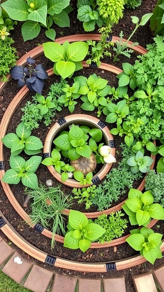 A vibrant herb spiral garden design with various herbs planted in a circular layout.