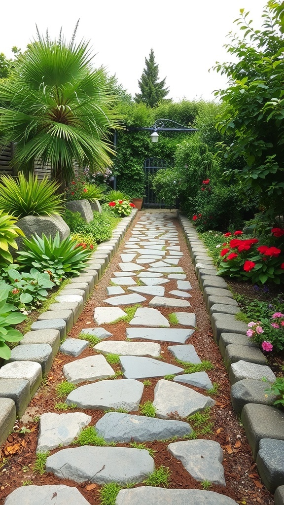 A stone pathway bordered by greenery and flowers in a garden.