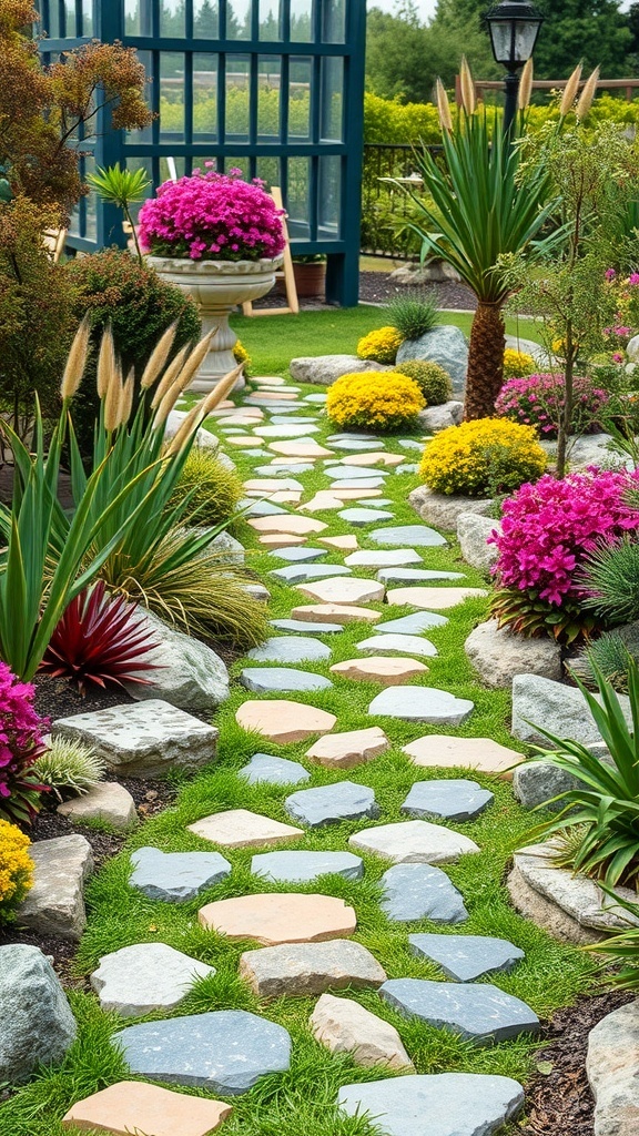 A beautifully designed stone pathway surrounded by colorful flowers and greenery.