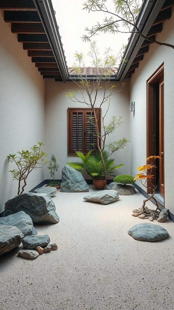 A small Zen garden featuring rocks, plants, and a serene atmosphere.