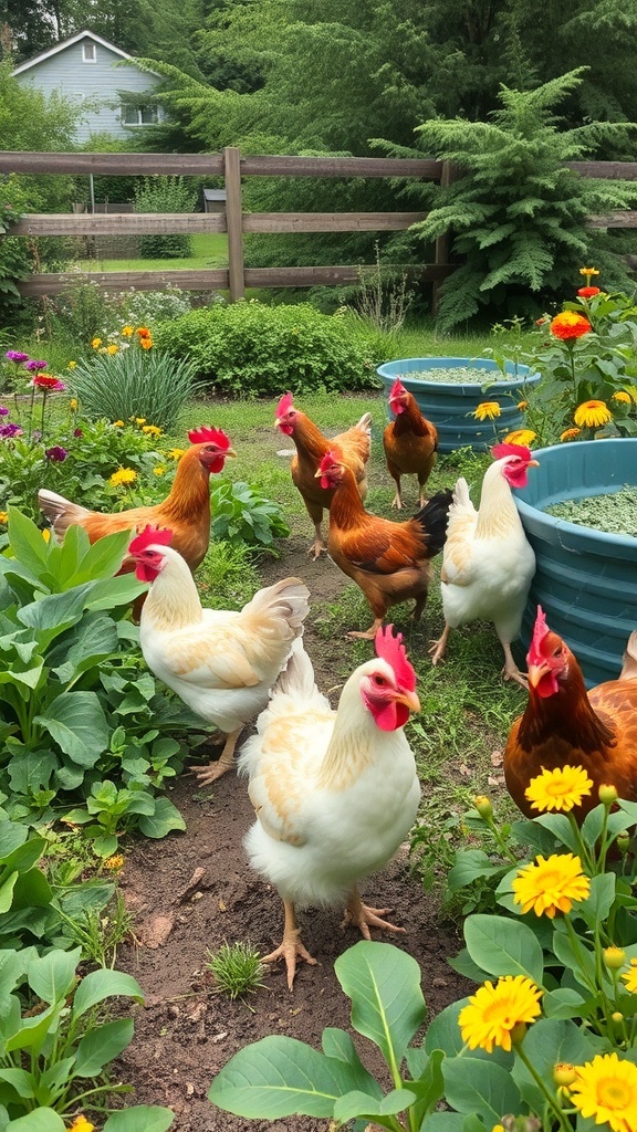 Chickens roaming freely in a colorful garden with flowers and plants.