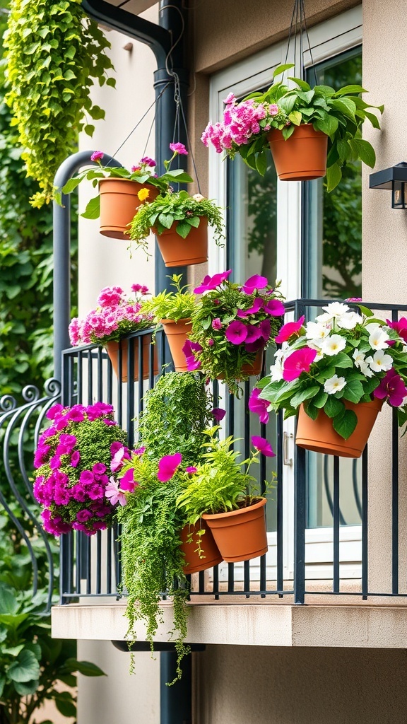 Colorful hanging pots on a balcony railing filled with flowers and greenery.