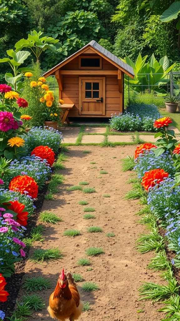 A garden with a clear path leading to a wooden chicken coop, surrounded by colorful flowers.