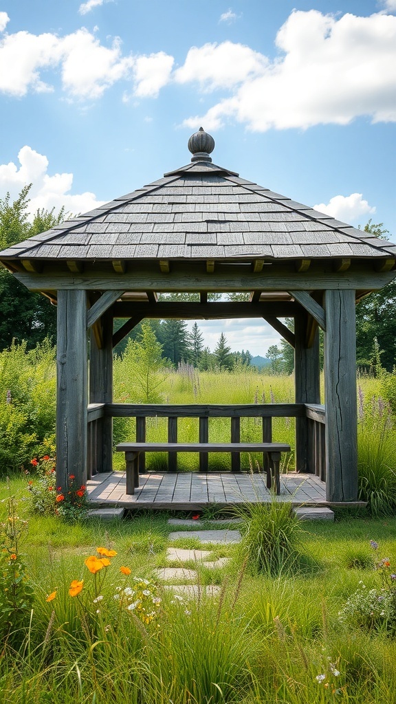 A rustic wooden gazebo surrounded by green grass and colorful flowers