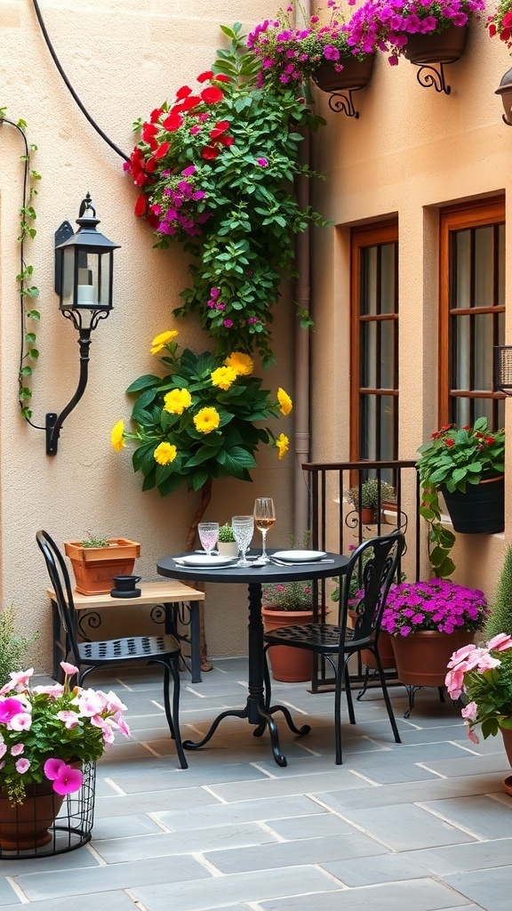 A small courtyard with a dining table set for two, surrounded by colorful flowers and greenery.