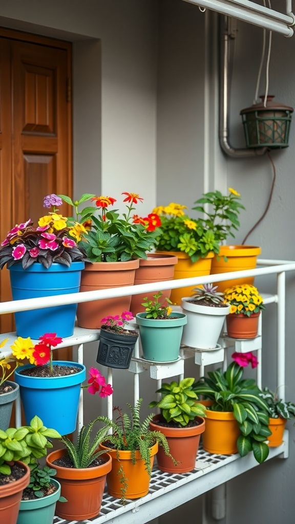 Colorful pots with various plants arranged on a balcony railing
