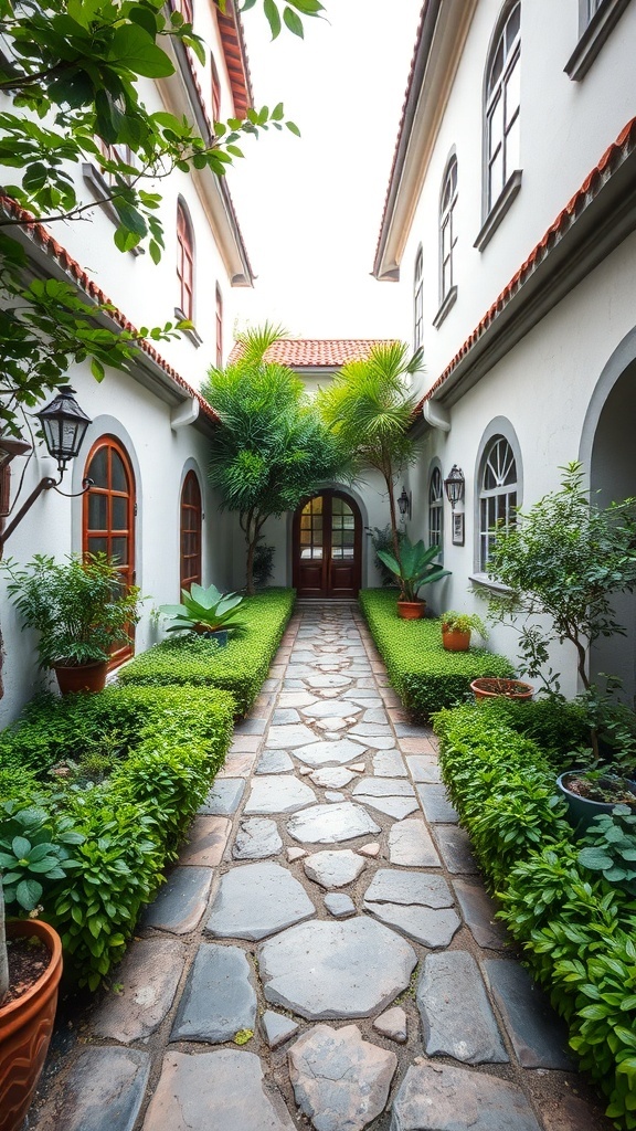 A stone pathway surrounded by greenery leading to a doorway in a small courtyard.