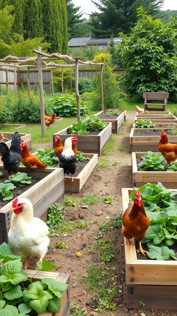 A garden with raised beds filled with vegetables and chickens roaming around