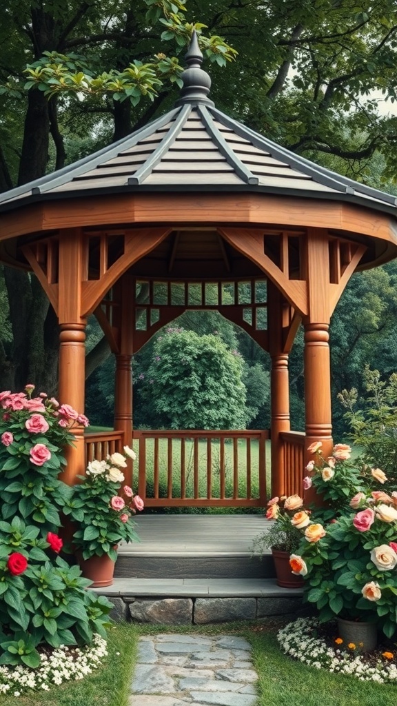 A beautiful wooden gazebo surrounded by colorful flowers in a garden.