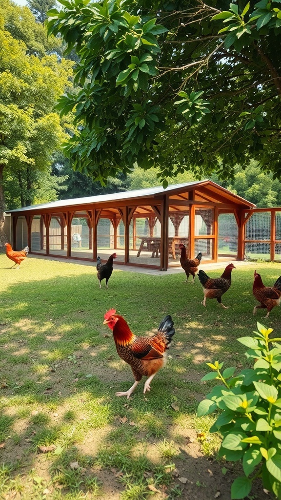 Chickens roaming around a shaded garden with a coop