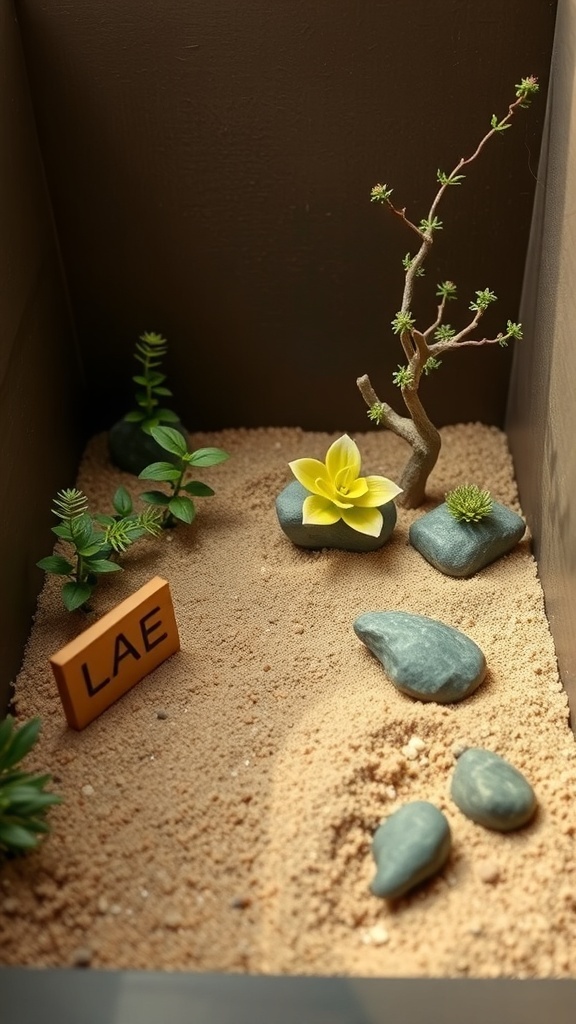 A small Zen garden with sand, stones, a yellow flower, and a branch.