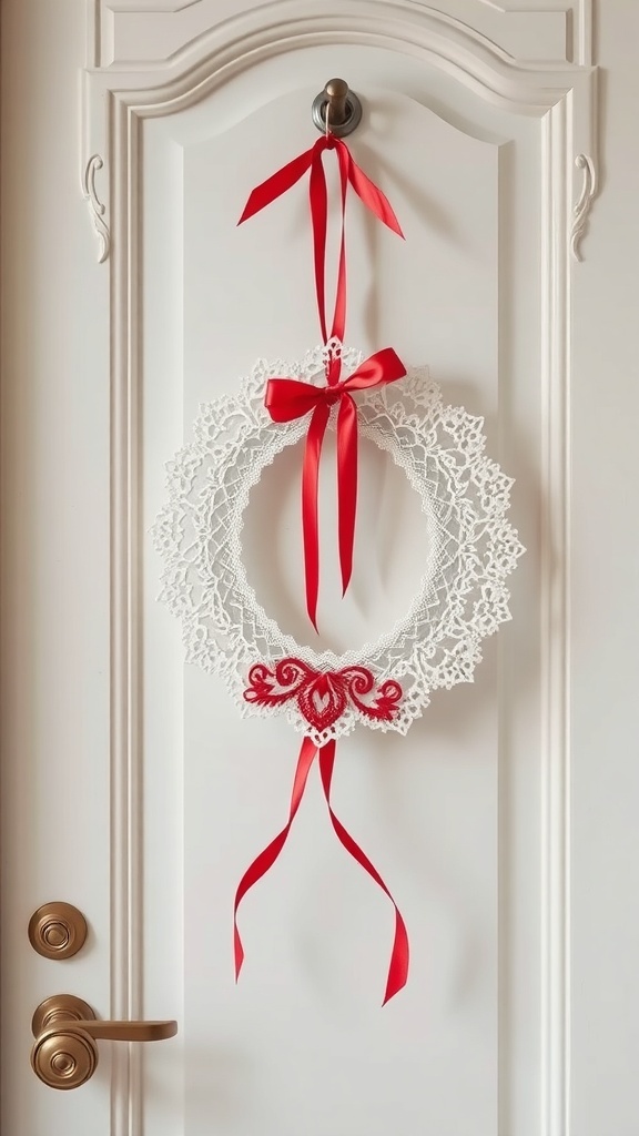 A romantic door hanger made of lace and red ribbons, featuring a heart design.