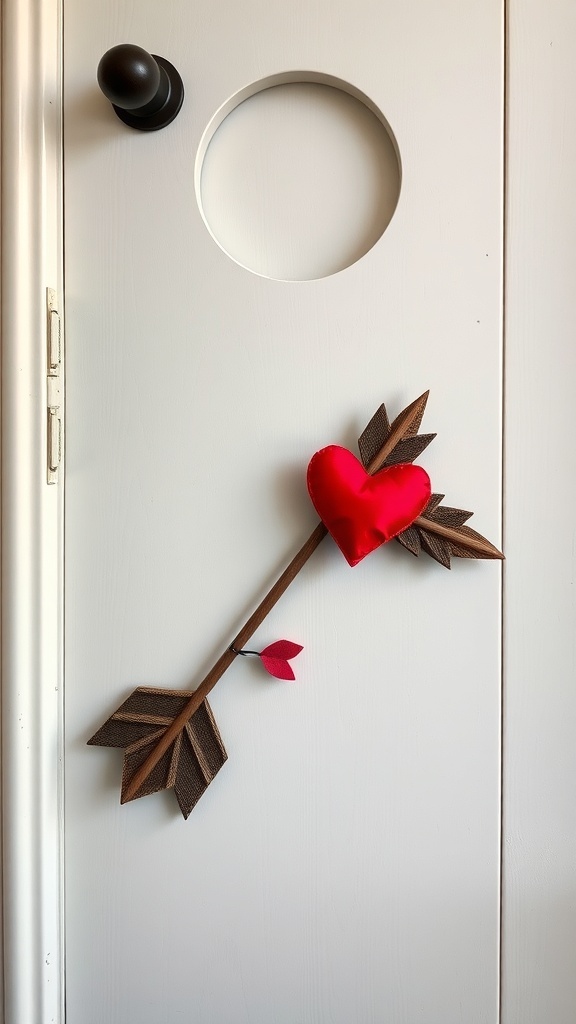 A door decorated with a Cupid's arrow featuring a red heart and brown leaves.