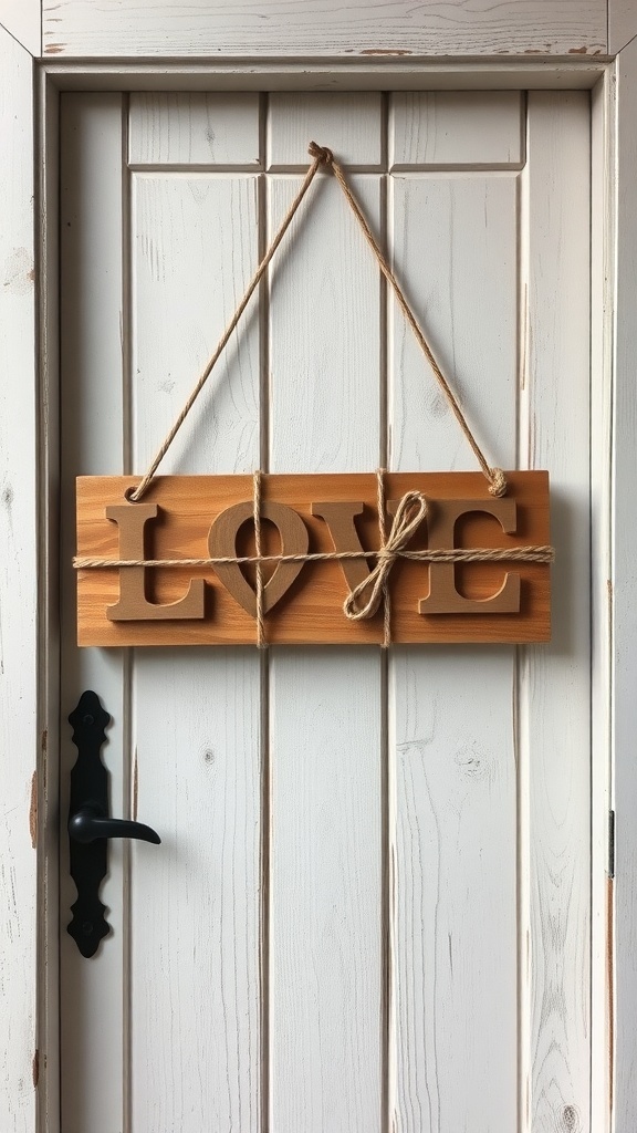 A rustic wooden sign that says 'LOVE' hanging with twine on a white door.