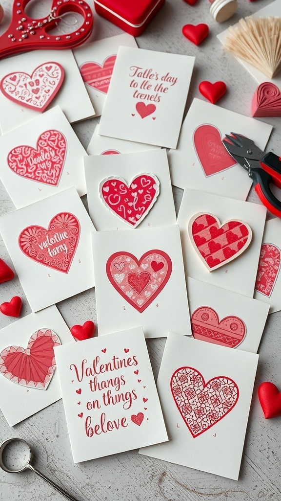 A collection of handmade Valentine's Day cards featuring various heart designs and crafting materials.