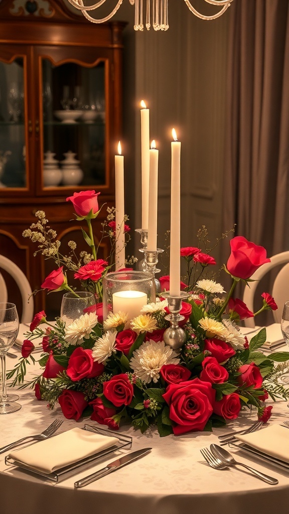 A romantic Valentine's Day table centerpiece featuring red roses, white chrysanthemums, and candles.
