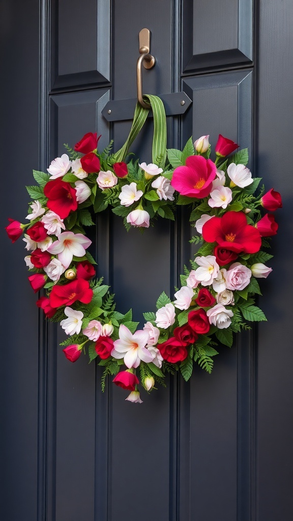A heart-shaped floral wreath with red and pink flowers hanging on a dark door.