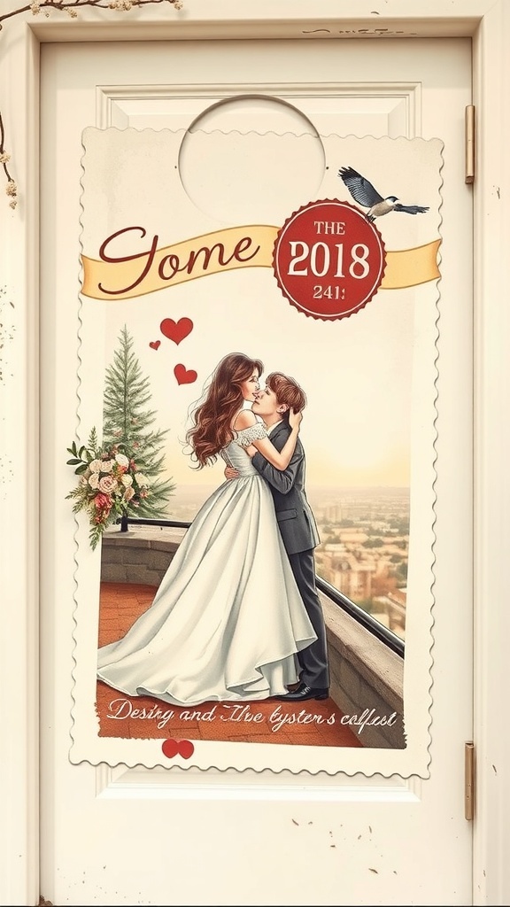 A vintage-style door hanger featuring a couple in love, hearts, and a city backdrop, perfect for Valentine's Day.