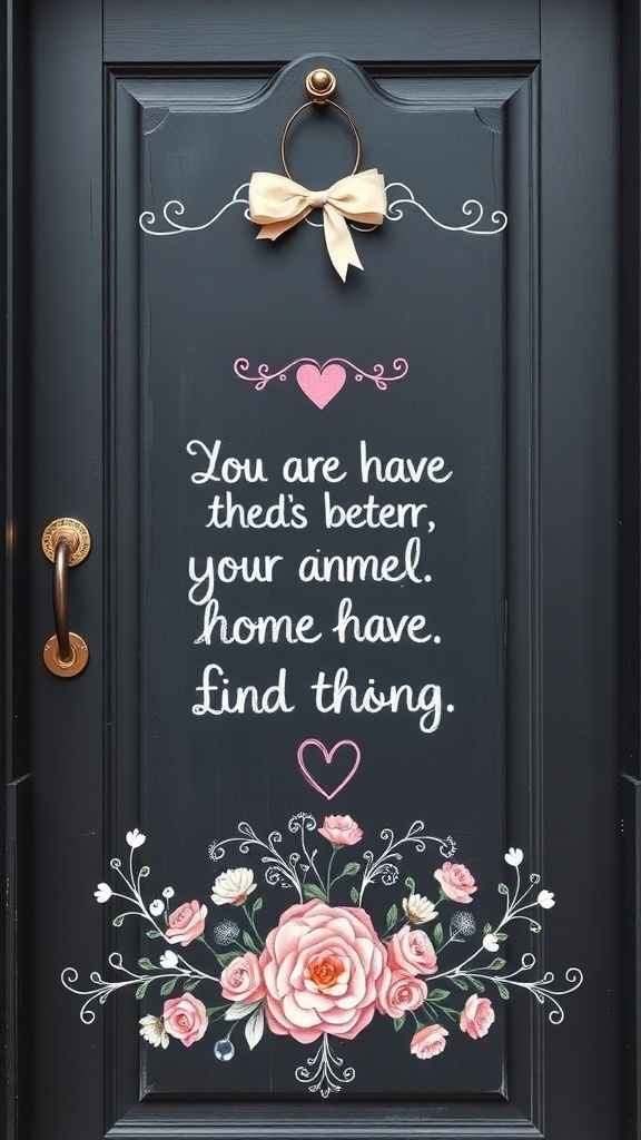 A chalkboard door hanger with floral designs and a message for Valentine's Day.