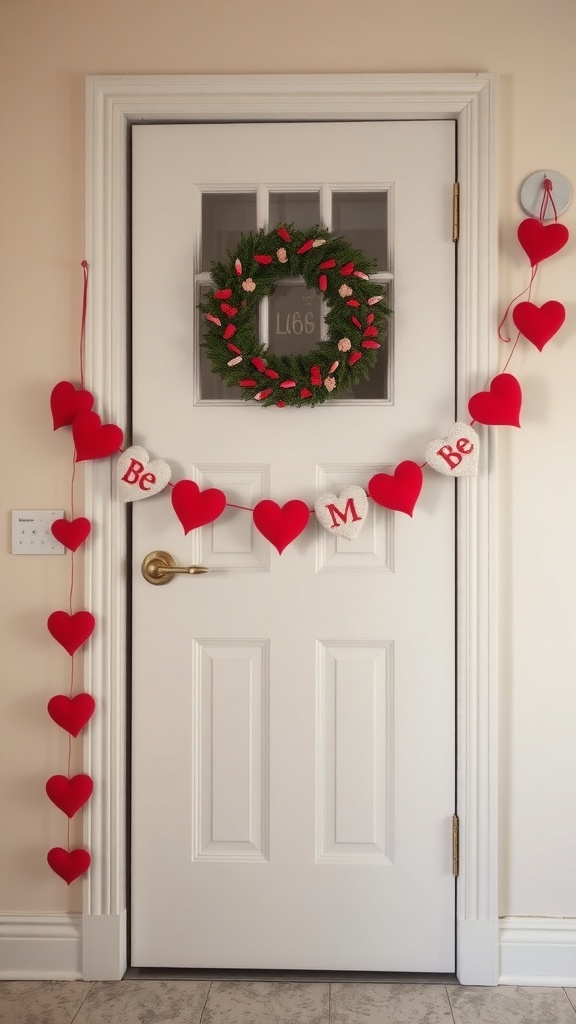 A door decorated with a Be Mine heart garland and a green wreath.