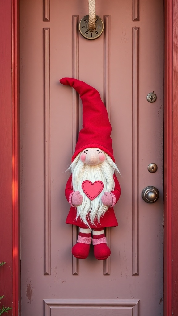 A whimsical Valentine gnome door hanger with a red outfit and a heart.
