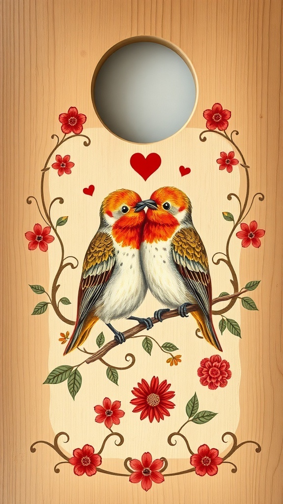 A wooden door hanger featuring two lovebirds with flowers and hearts, symbolizing love.