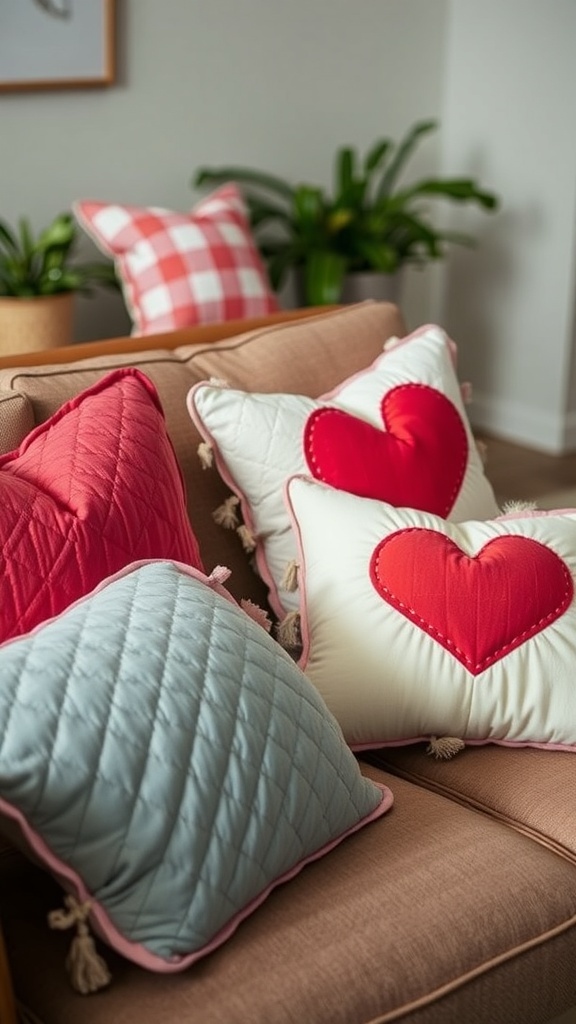 A collection of quilted pillows in heart shapes, featuring red and pink colors, arranged on a sofa.