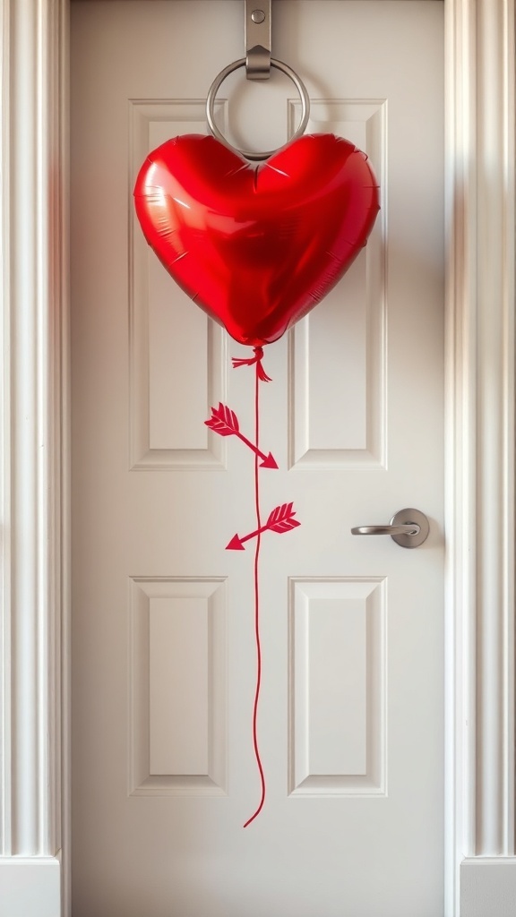 A red heart-shaped balloon hanging from a door with an arrow design below it.