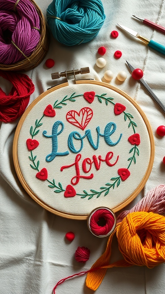 An embroidery hoop with the word 'Love' surrounded by hearts and greenery, with colorful yarns and crafting tools nearby.