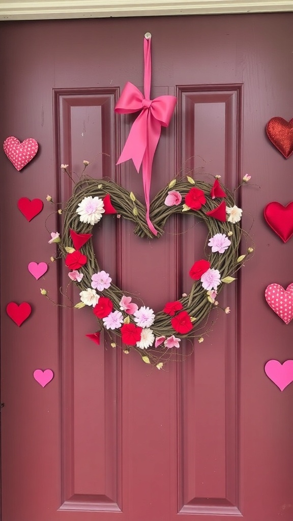 A decorative heart wreath with flowers and a pink bow, hanging on a door, surrounded by smaller hearts.