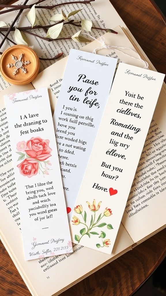 Three decorative bookmarks with floral designs and romantic quotes on a wooden table.