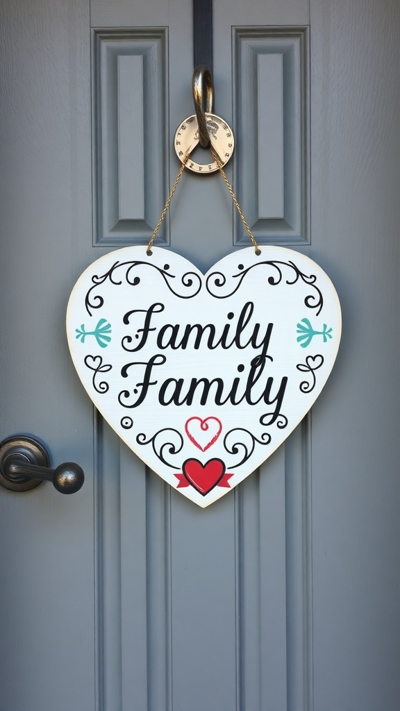 A heart-shaped door hanger with the word 'Family' in decorative lettering, hanging on a door.