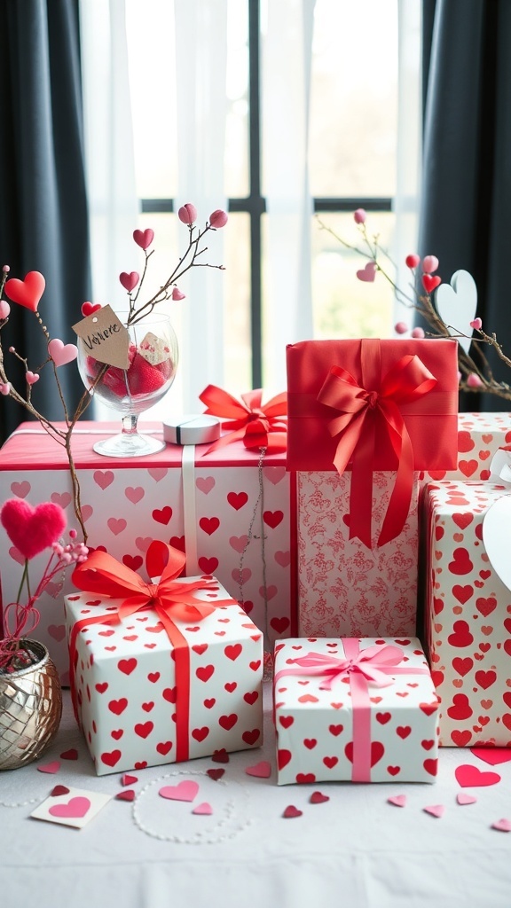 Colorful Valentine's Day gift boxes with heart patterns and ribbons, decorated with heart-shaped branches.
