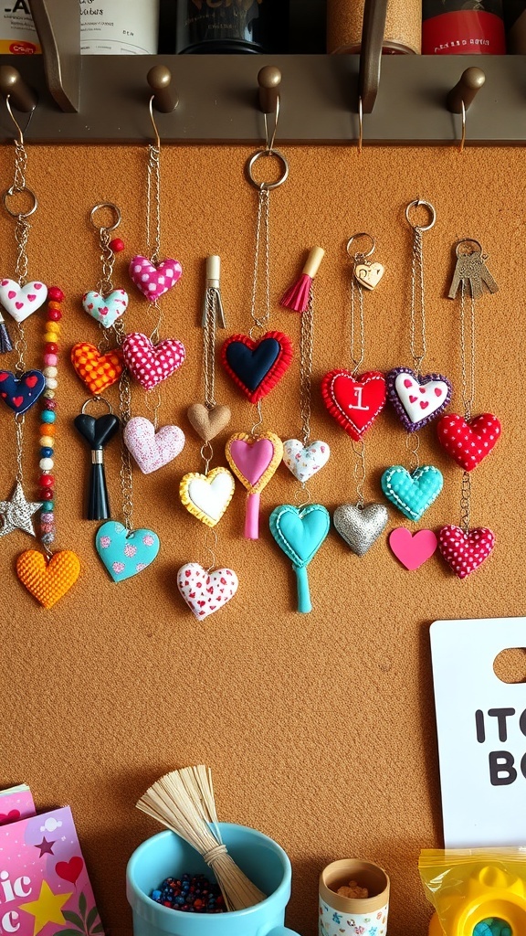 A collection of colorful beaded heart keychains hanging on a wall.