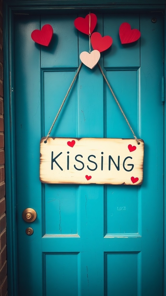 A wooden sign reading 'Kissing' with red hearts, hanging on a blue door.